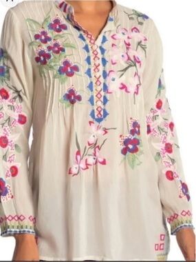 Johnny Was Cream Floral Embroidered Tropical Garden Peasant Tunic